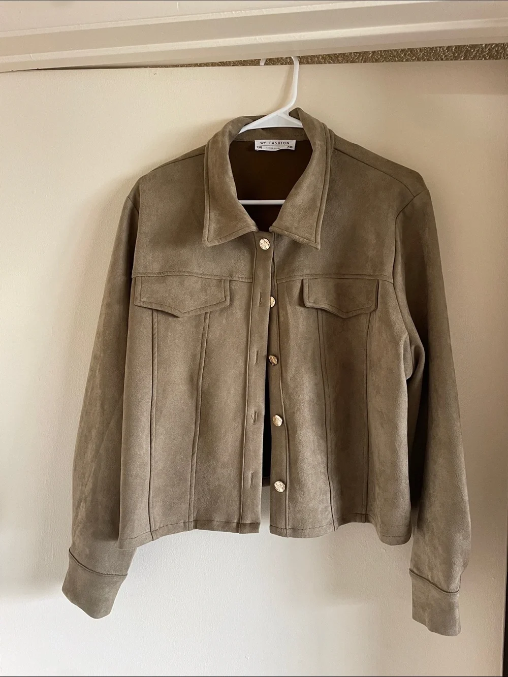 Olive-Taupe Faux Suede Button Jacket - Picture 1 of 7